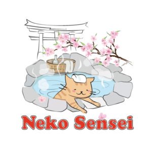 Neko Sensei Logo - a cat in a hot tab and cherry blossoms